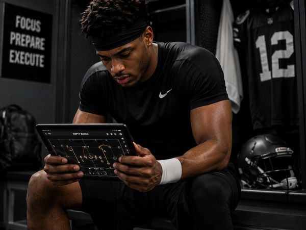 Athlete studying play strategy on tablet in locker room.