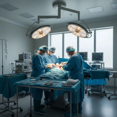 Surgeons performing an operation in a well-equipped operating room.