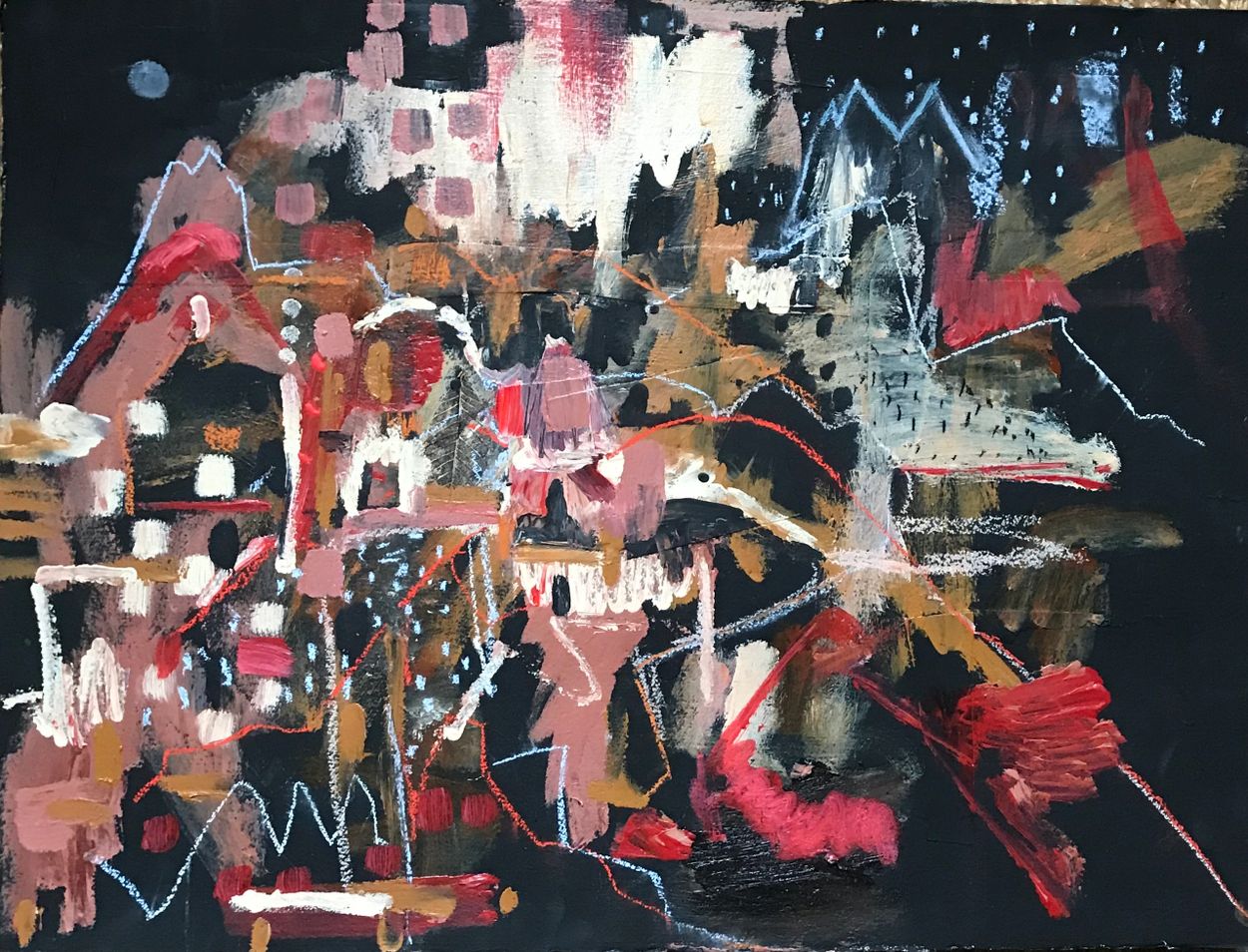 "Cliff dwellings " 30"x22" Acrylic, pastel on gessoed paper