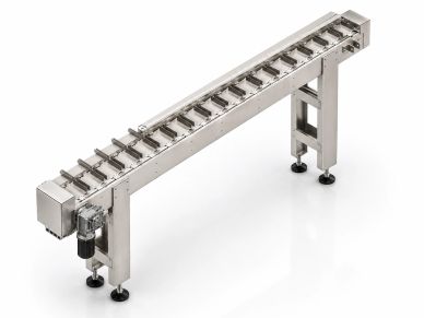 Industrial conveyor belt with metal rollers.