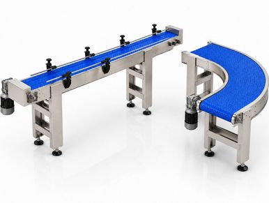 Two blue conveyor belts, straight and curved.