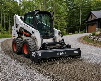 Bobcat skid-steer loader smoothing a gravel driveway near a house.