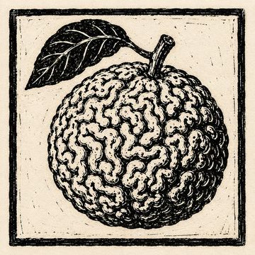 Black and white drawing of a textured fruit with a leaf.