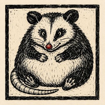 Illustration of a round, black and white opossum with a red nose inside a square frame.