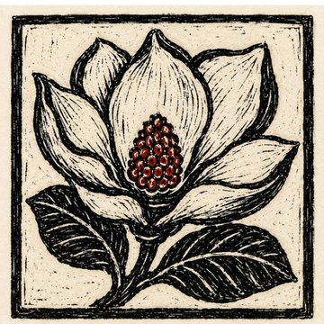 Black and white floral illustration with red seed cluster.