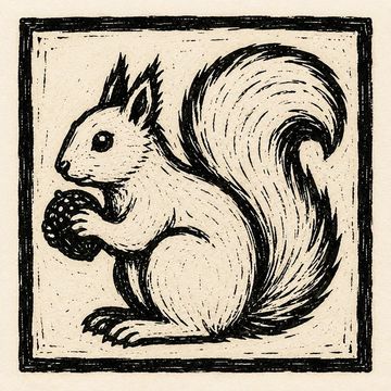 Black and white drawing of a squirrel holding a pine cone.