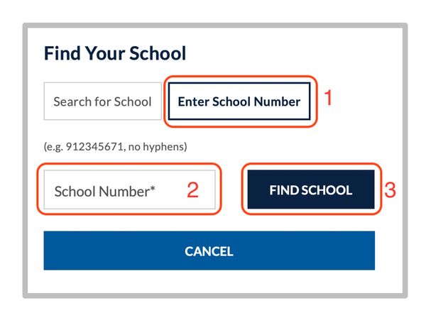 A screenshot of Find your school option on the website