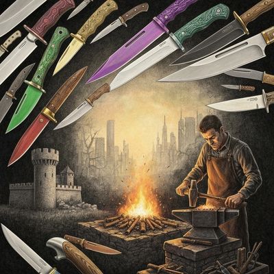 A blacksmith forging knives with a fiery forge and castle backdrop.