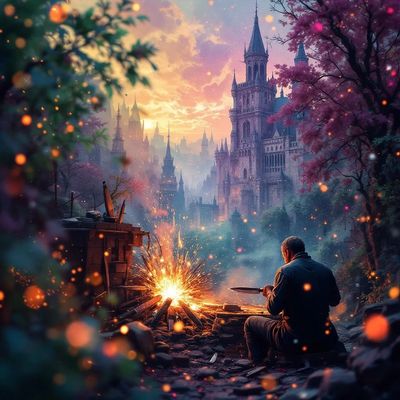 A man sitting by a campfire with a majestic castle in the background at sunset.