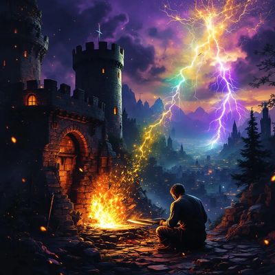 A lone knight sits by a fiery forge outside a castle under a stormy, lightning-filled sky.