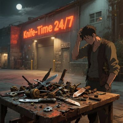 A man contemplates a cluttered table of knives and mechanical parts under a neon sign.