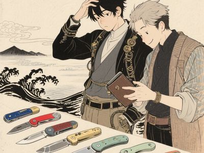 Two men examining a variety of colorful pocket knives laid out on a table.