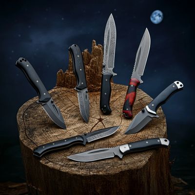 A collection of seven knives displayed on a tree stump under a night sky with a full moon.