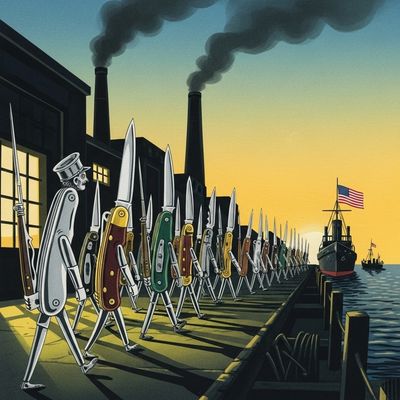 Animated knives with human legs march toward ships flying American flags at sunset.