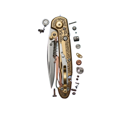Intricate vintage folding knife with detailed engravings and disassembled parts.