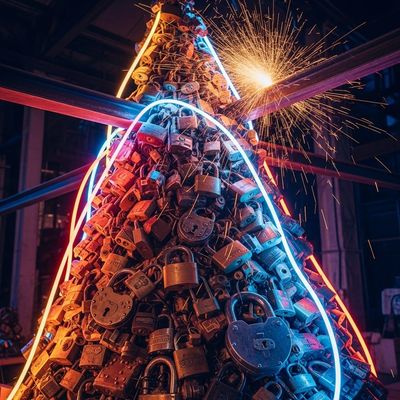 A pyramid of padlocks with neon lights and sparks flying in a dark workshop.