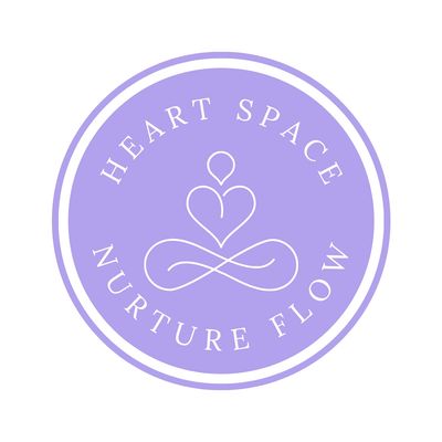 A purple circular logo with the text "Heart Space Nurture Flow" and a heart-shaped design.