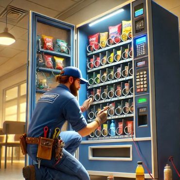 Technician performing maintenance on a vending machine to ensure reliable service and quick repairs.