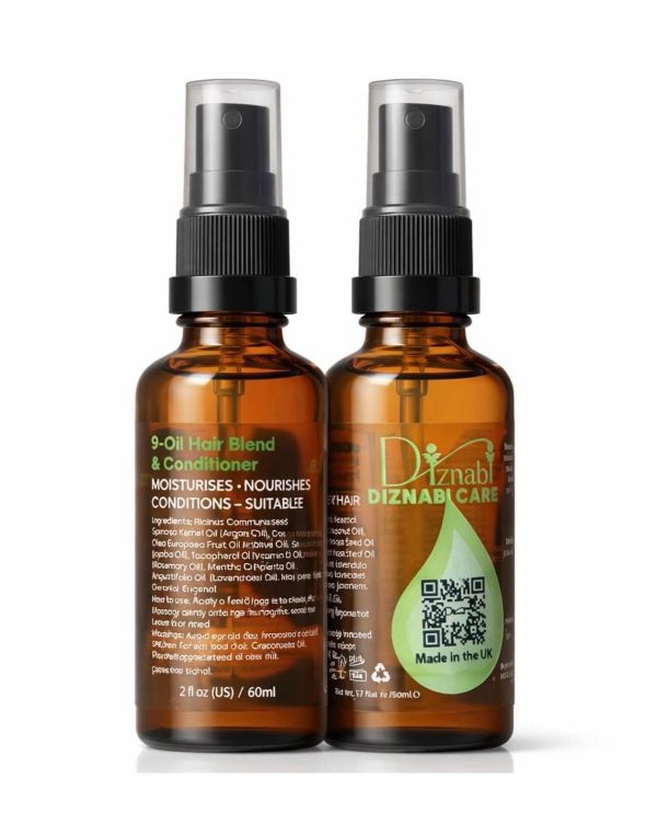 Two amber Diznabi Care 9-Oil Hair Blend bottles.