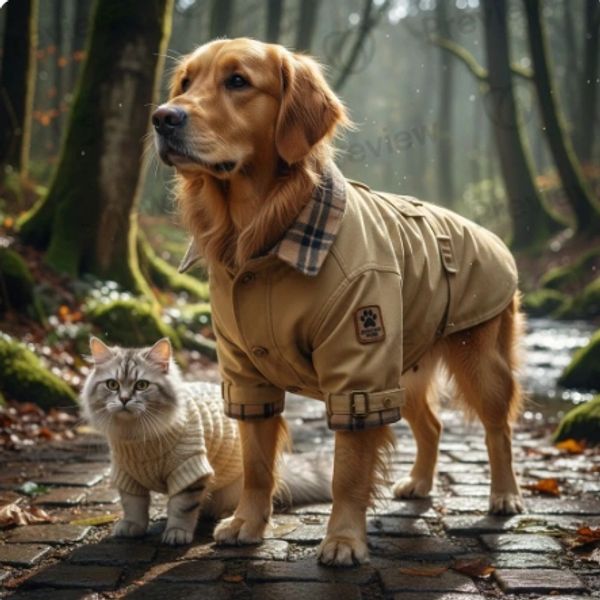 A dog and a cat wearing matching coats in a forest.