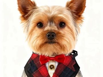 A small dog wearing a red bow tie and plaid vest.