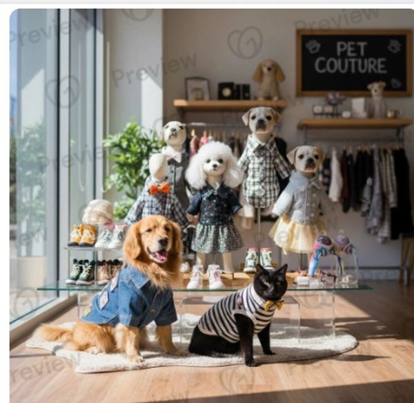 Two dressed dogs pose in a pet couture store with mannequins.