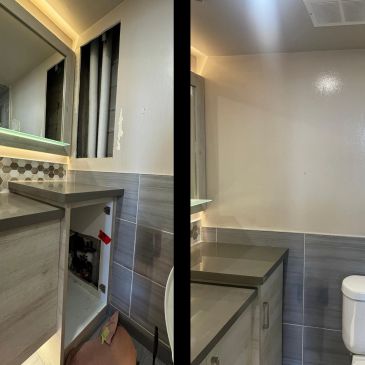 Bathroom damage and repair side by side.