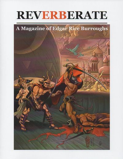 Cover of REVERBERATE magazine featuring a dramatic sword fight scene with ancient warriors.