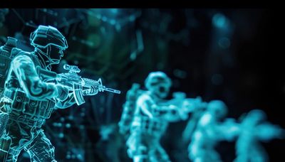 Digital holograms of soldiers with futuristic weapons.