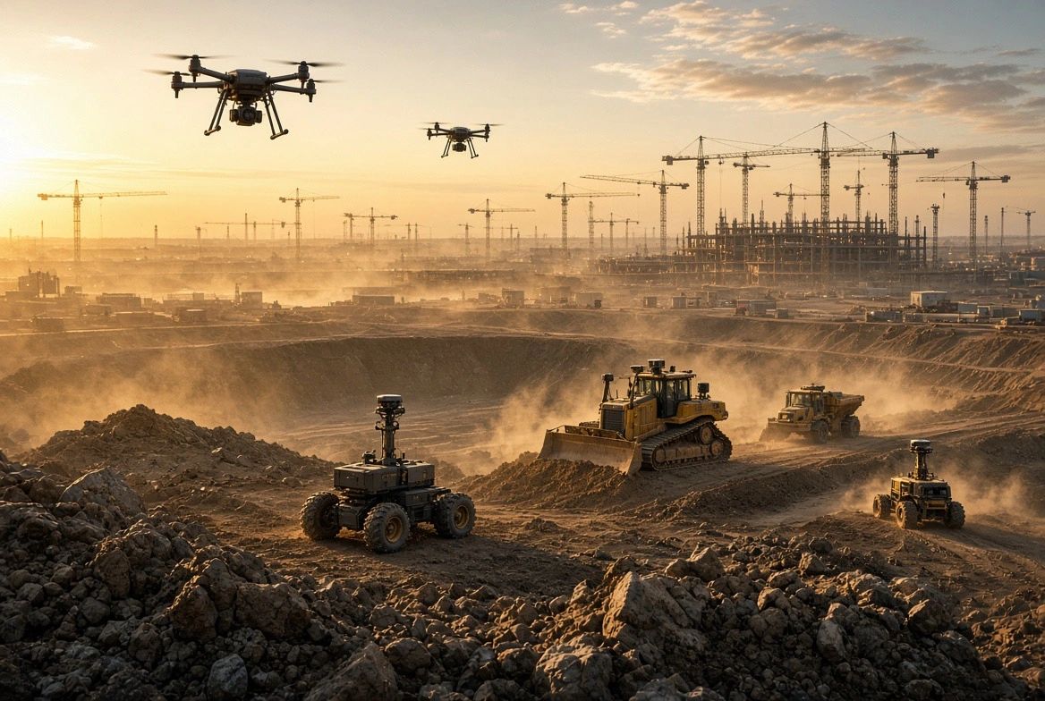 Construction site with drones and heavy machinery at sunset.