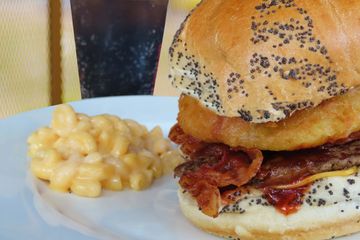 Cowboy Burger with BBQ Sauce Cheese Bacon Onion Rings 