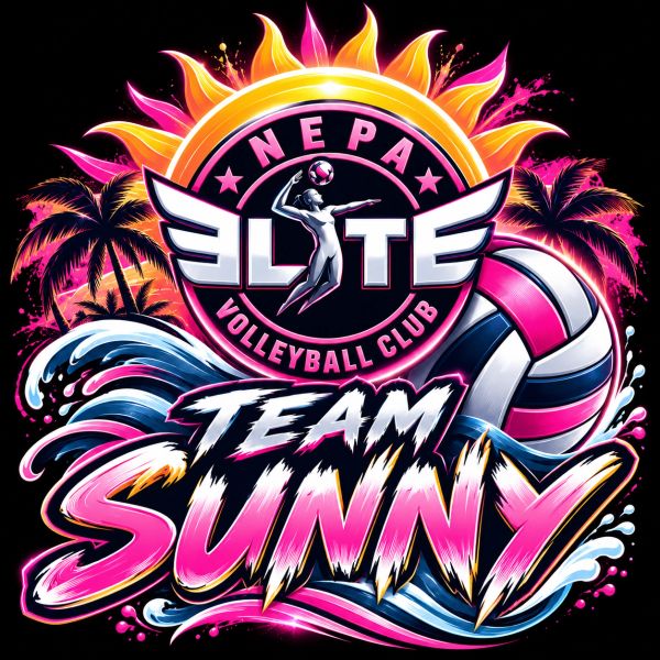 Colorful volleyball logo with palm trees and sun.