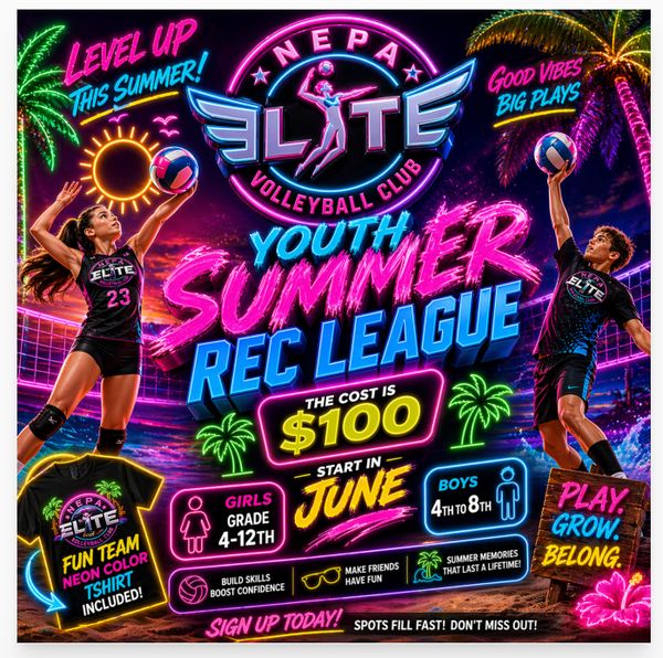 Vibrant summer volleyball league poster with two players ready to spike the ball.