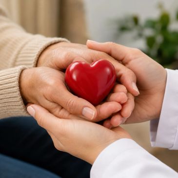 Hands holding a red heart symbolizing care and compassion.