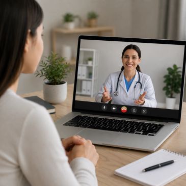 Woman having a telemedicine consultation with a doctor on laptop.