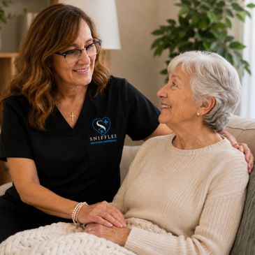 Caregiver offering comfort and support to an elderly woman at home.