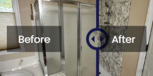 Before and after bathroom shower remodel comparison.