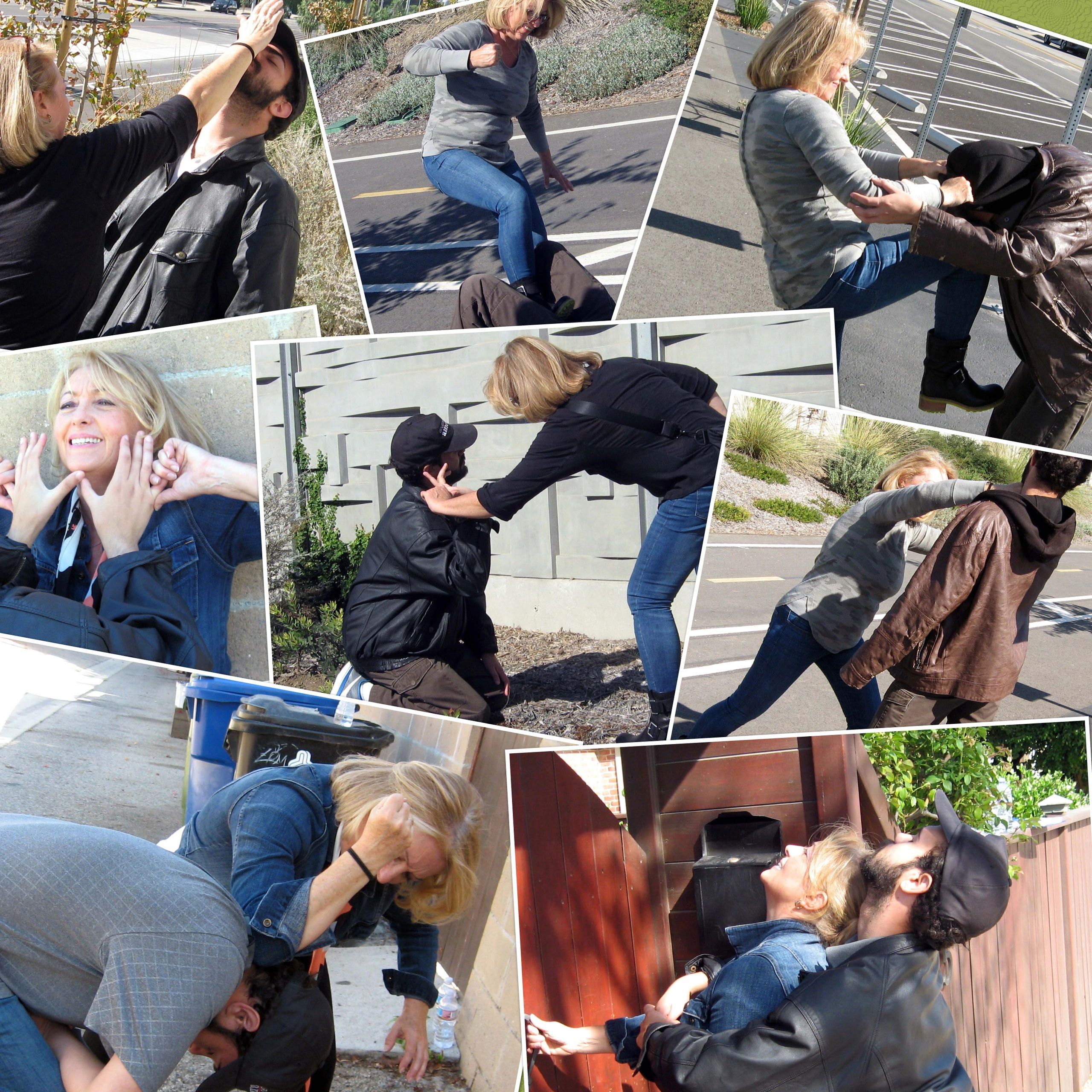Collage of women's self-defense techniques for Conscious Defense.