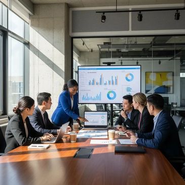 Business team discussing data charts in a modern conference room.