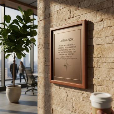 Office with a mission statement plaque on a stone wall and blurred people in the background.