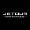 White JETOUR logo with slogan on black background.