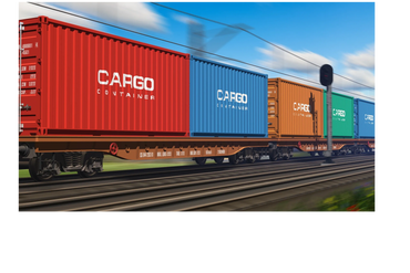Colorful cargo containers on a moving freight train under a blue sky.