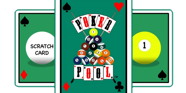 Illustration of a poker pool game with cards and billiard balls.