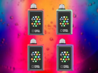 Four black electronic devices with colorful icons on a vibrant gradient background.