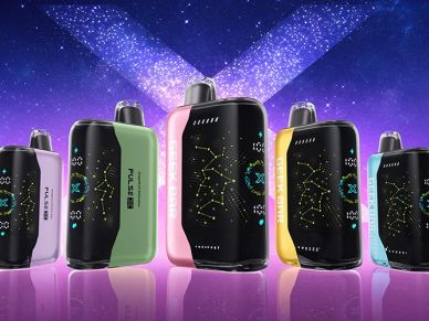 A lineup of sleek, futuristic vape devices with glowing constellation displays under a starry sky.