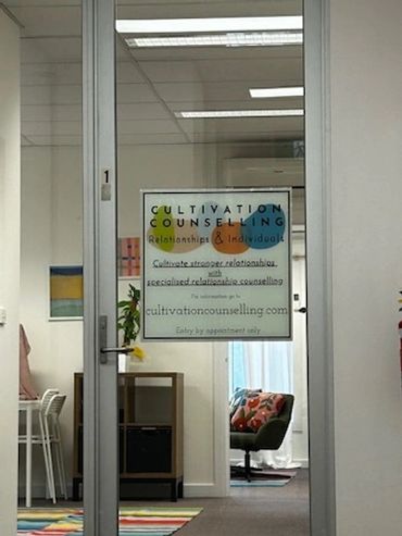 Upstairs office door with Cultivation Counselling sticker