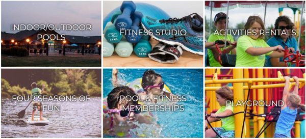 Collage of recreational activities including pools, fitness, and playground.