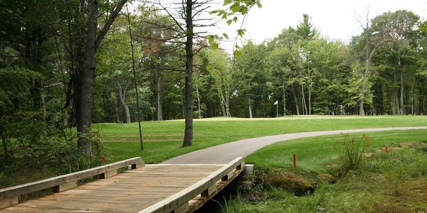 Wooden bridge leading to a golf course green.