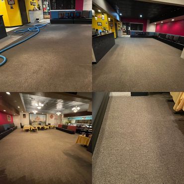 Cleaned carpeted floors in a vibrant restaurant interior.