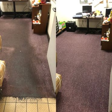 Side-by-side comparison of a carpet before and after cleaning.